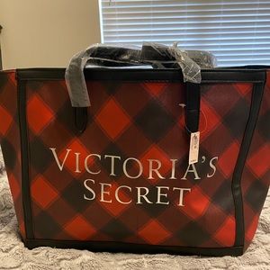 NWT Victoria's Secret Tote- Red and black buffalo print with Silver Logo